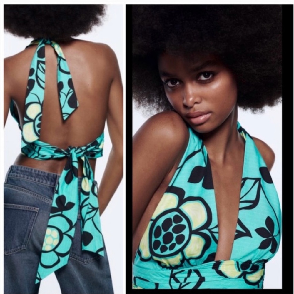 Zara Teal Black Printed Cotton Tie Halter Top
SZ M NWT Reversible